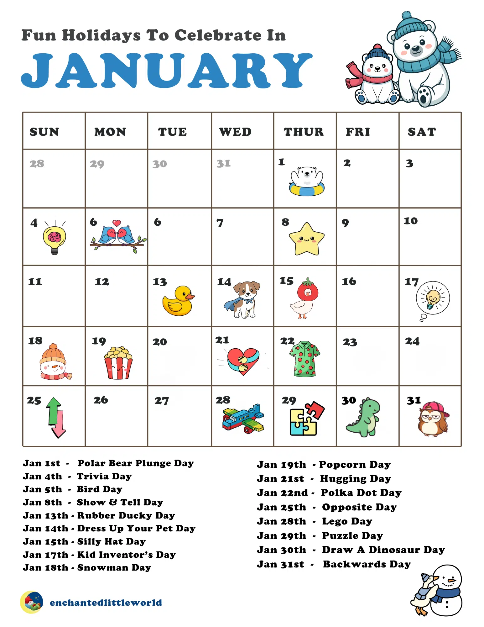 Free Printable January Calendar Kids