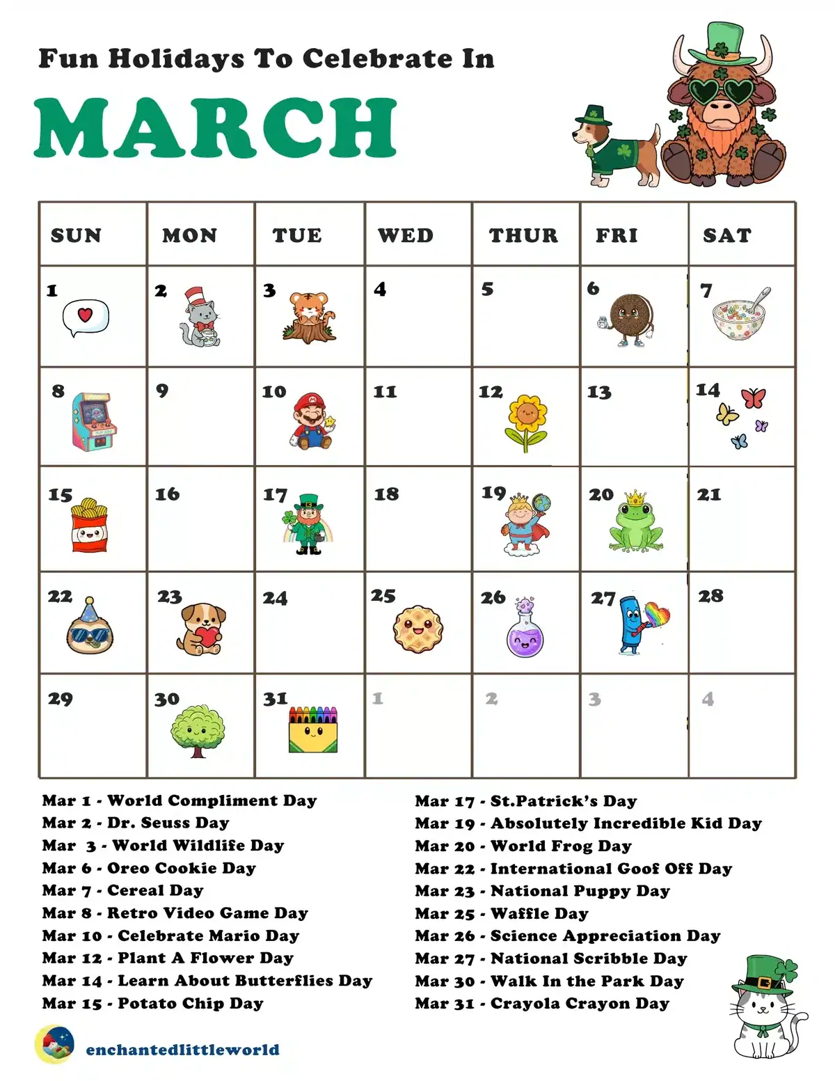 Free Printable March Calendar For Kids