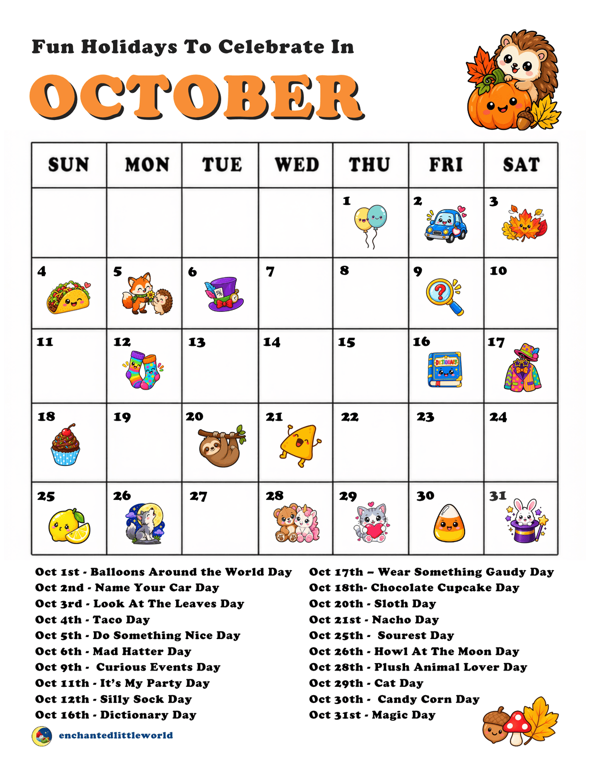 Free Printable October Fun Holidays Calendar