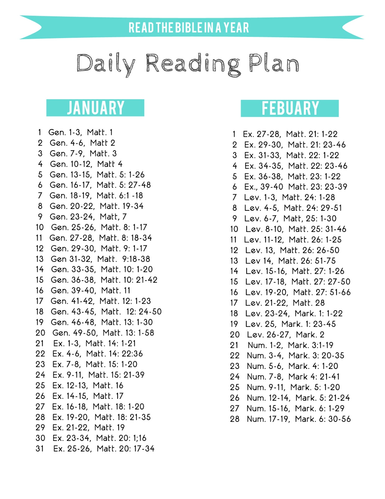 Free Printable One Year Bible Reading