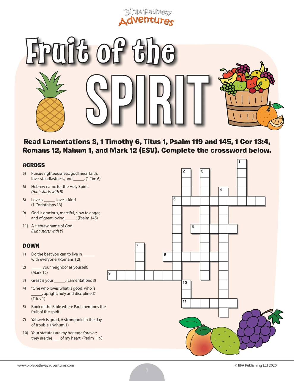 Fruit Of The Spirit Crossword Puzzle