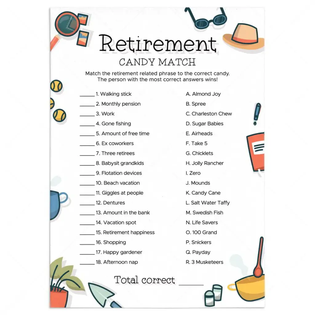 Funny Candy Match Retirement Party Game Printable