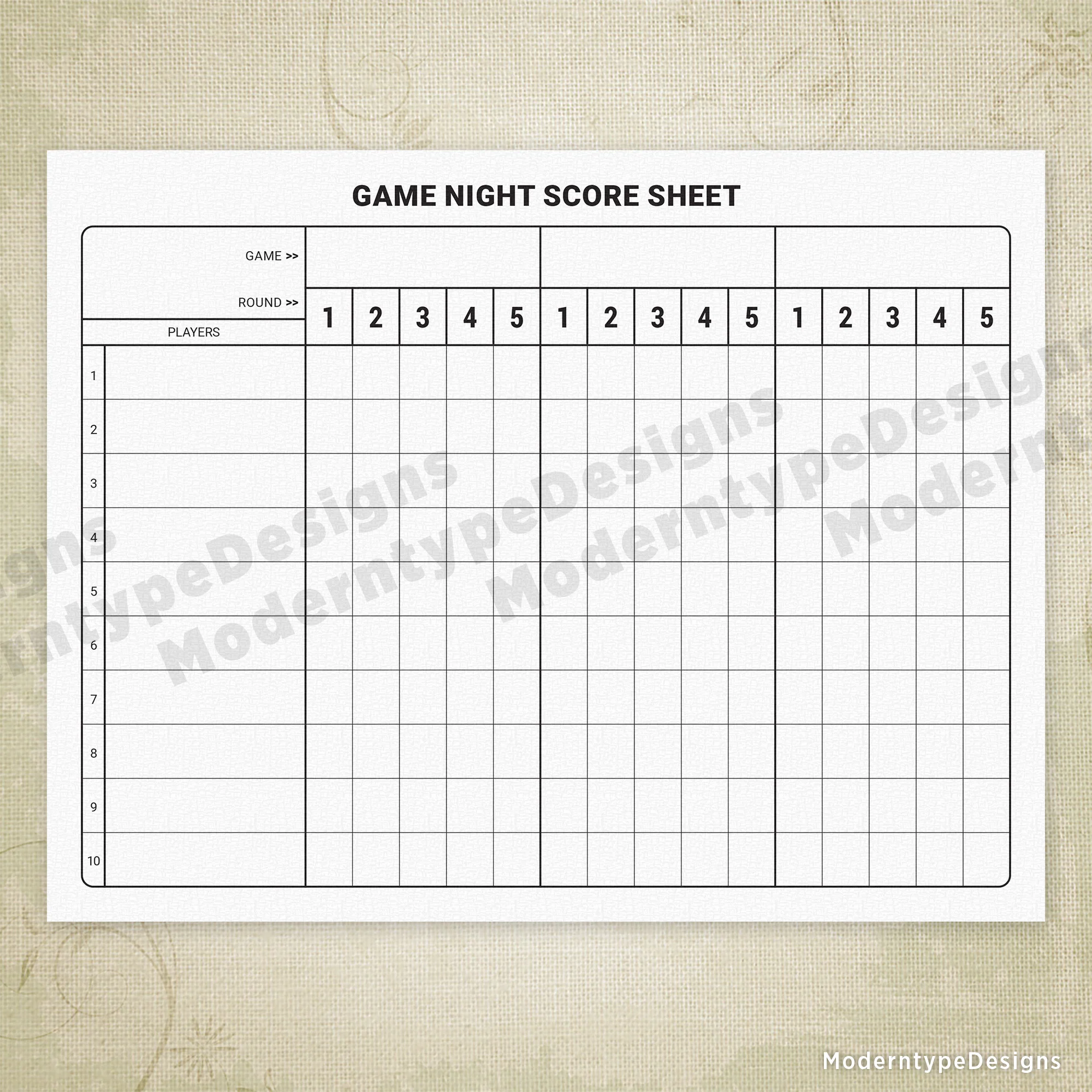 Game Night Score Sheet Printable Sbf003