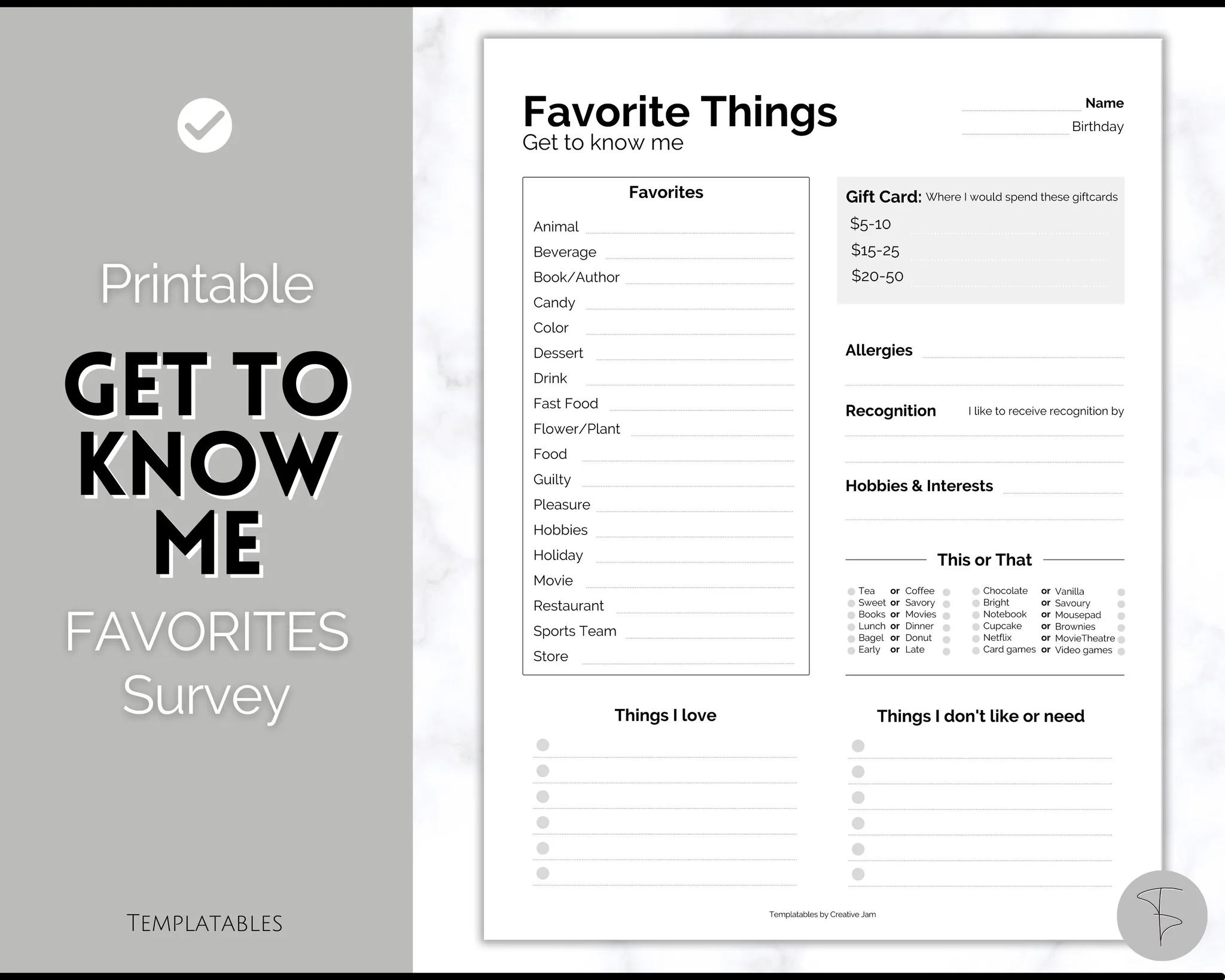 Get To Know Me Printable Game Mono