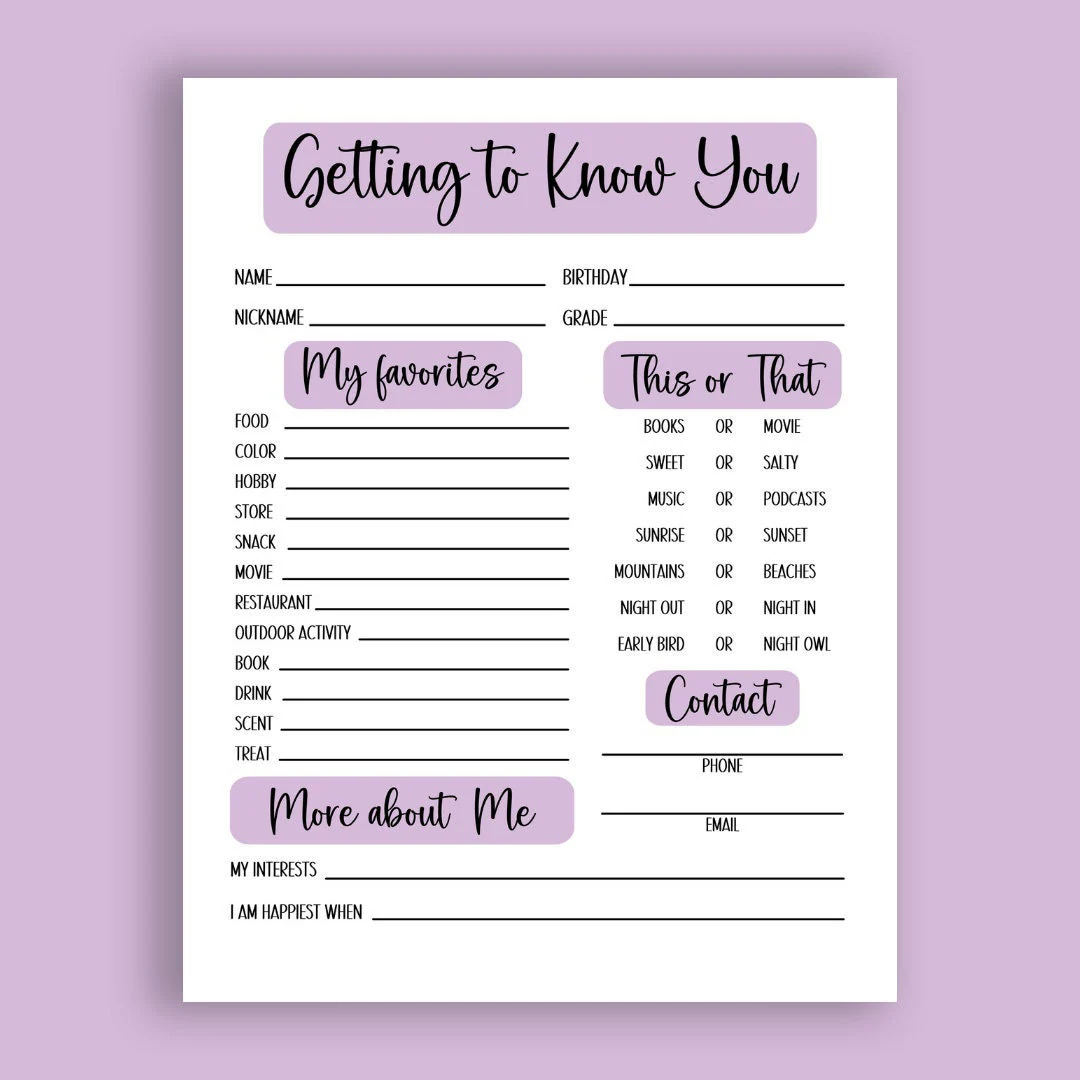 Get To Know You Questionnaire Adults