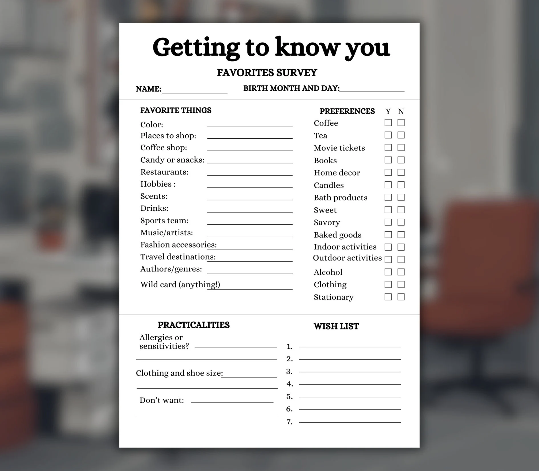 Get To Know You Questionnaire Adults