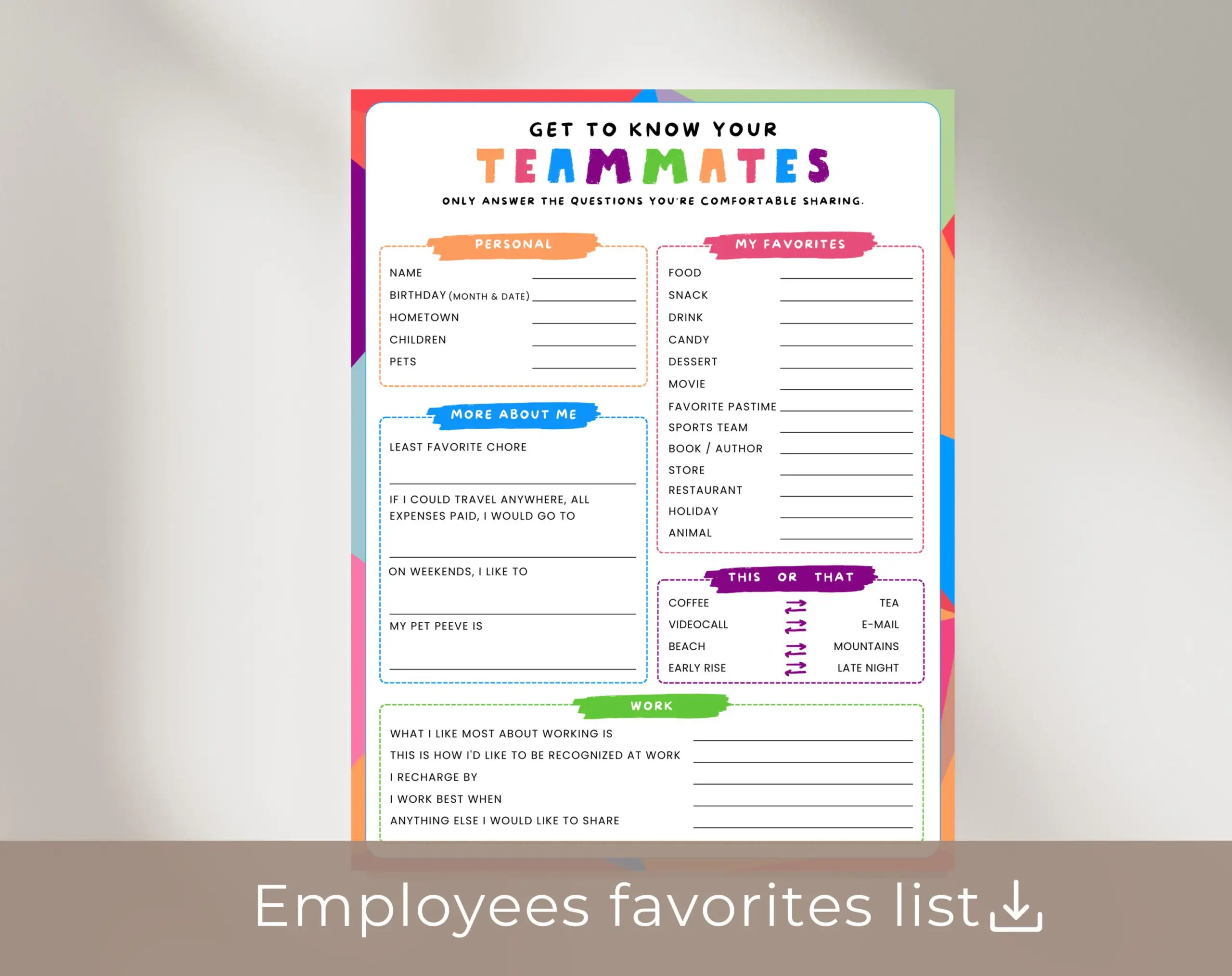 Getting To Know My Team Form Printable