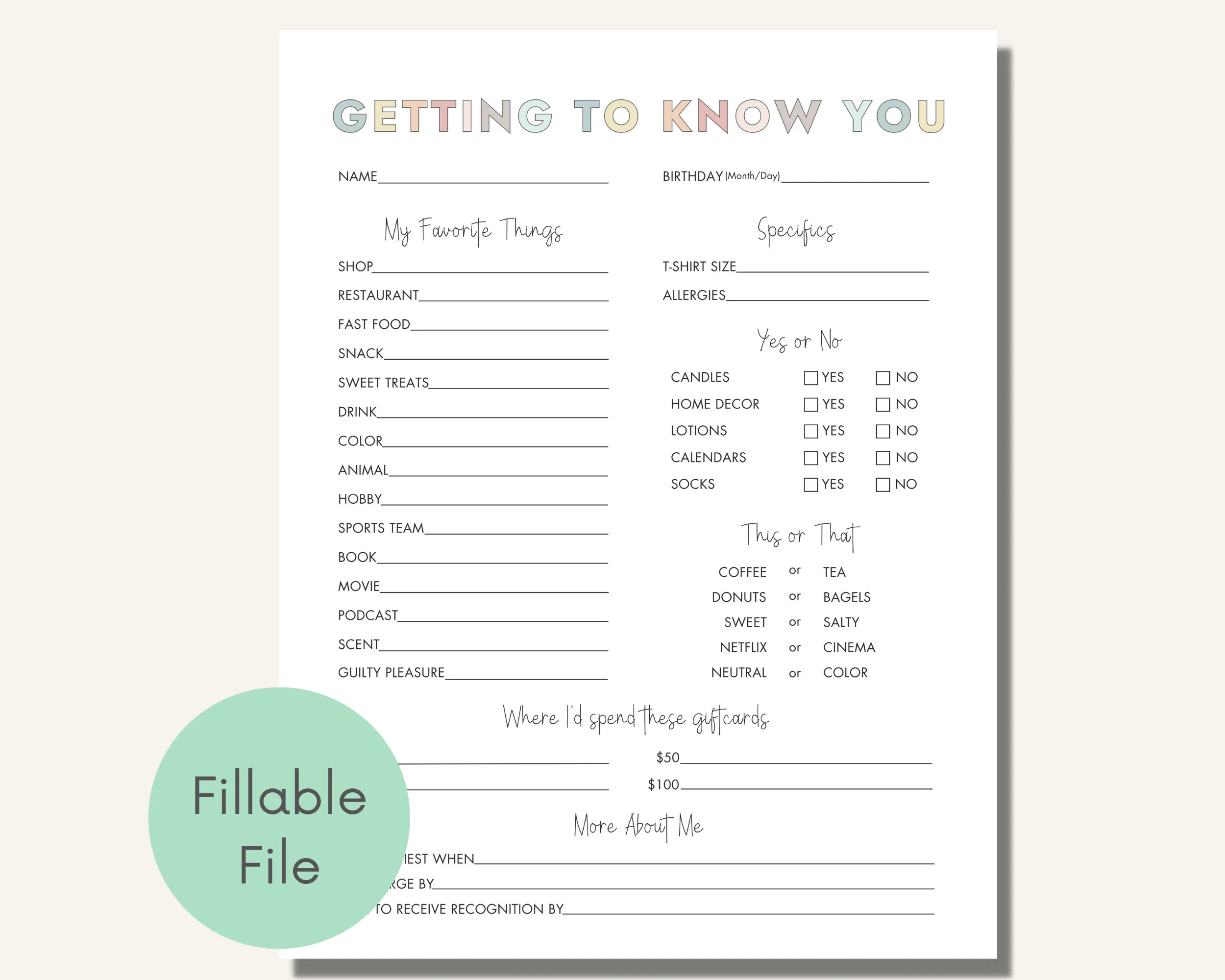 Getting To Know You Editable Printable