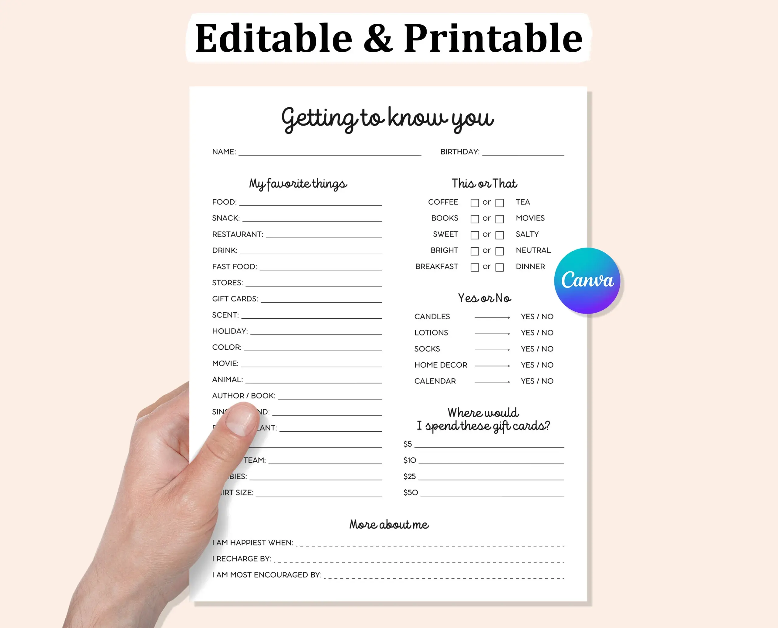 Getting To Know You Survey Editable