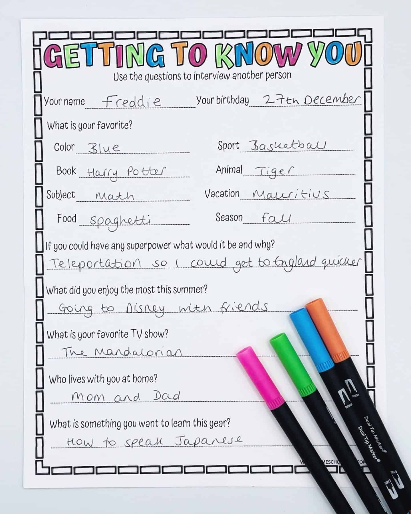 Getting To Know You Worksheet