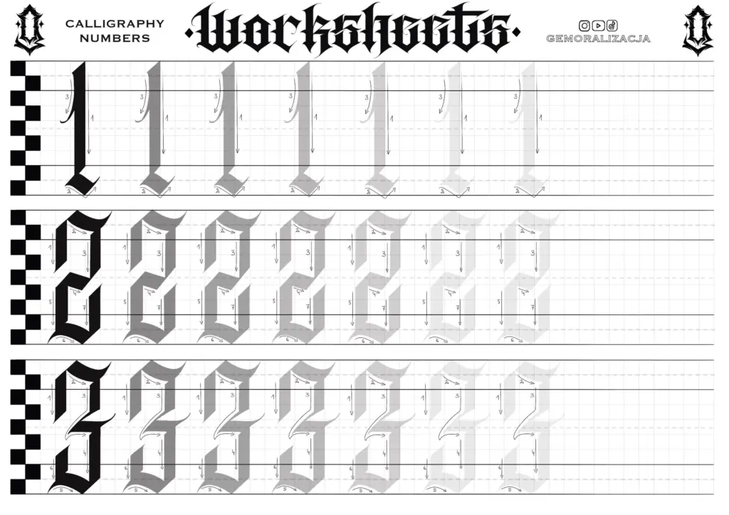 Gothic Calligraphy Numbers Worksheets