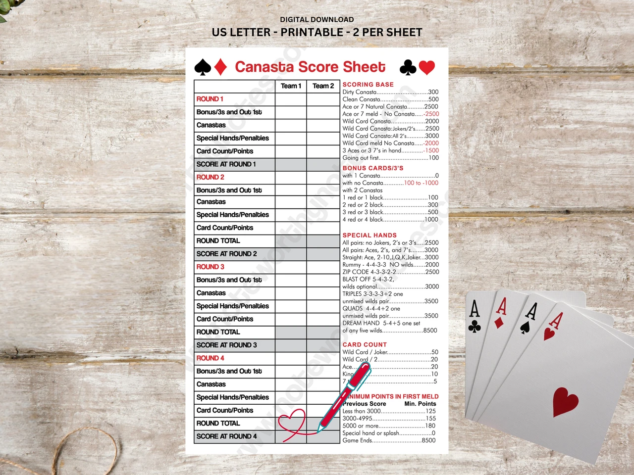 Half Sheet Canasta Score Sheet Print At Home And Play