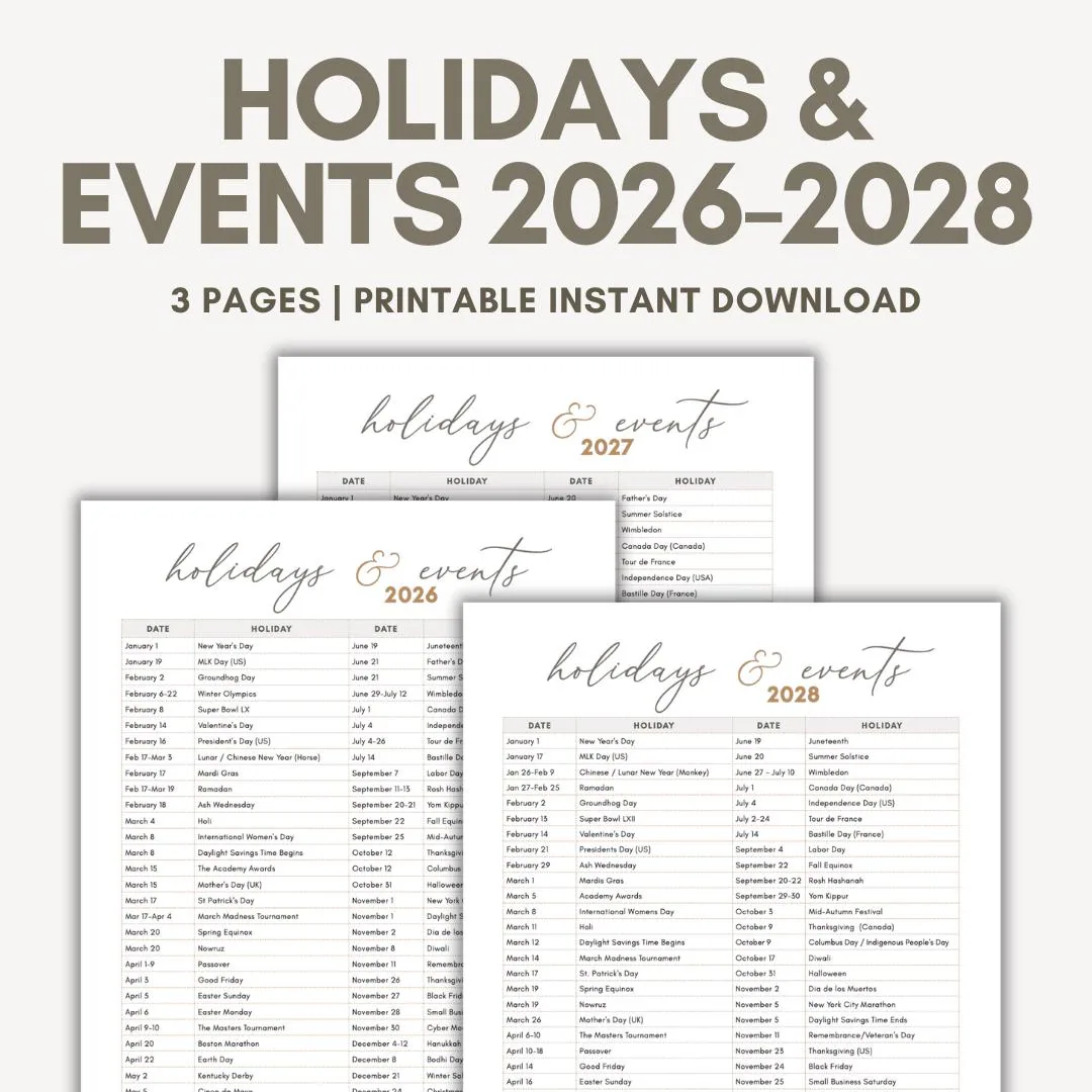 Holiday List Printable 2026 2027 2028
