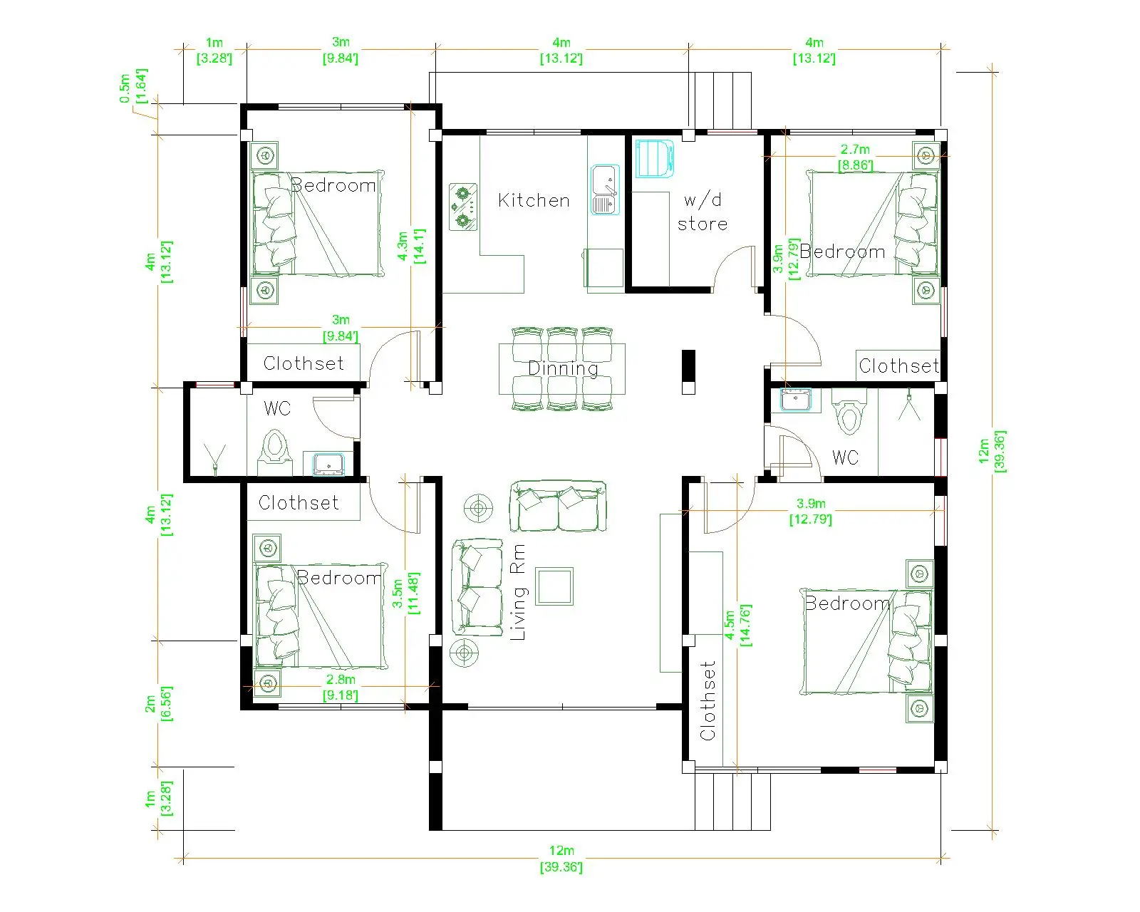 House Plans 12x12 Meter With 4 Bedrooms Shed Roof 40x40 Feet