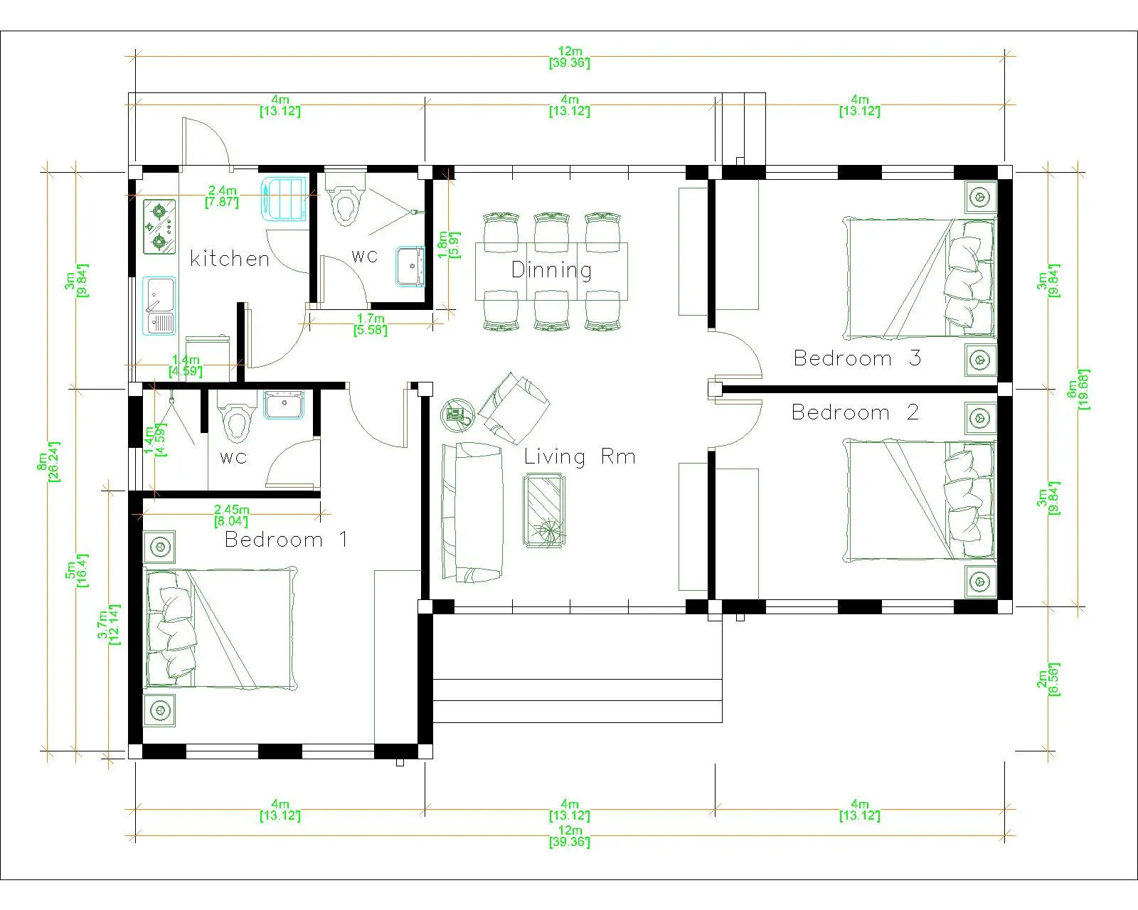 House Plans 12x8 With 3 Bedrooms Terrace Roof