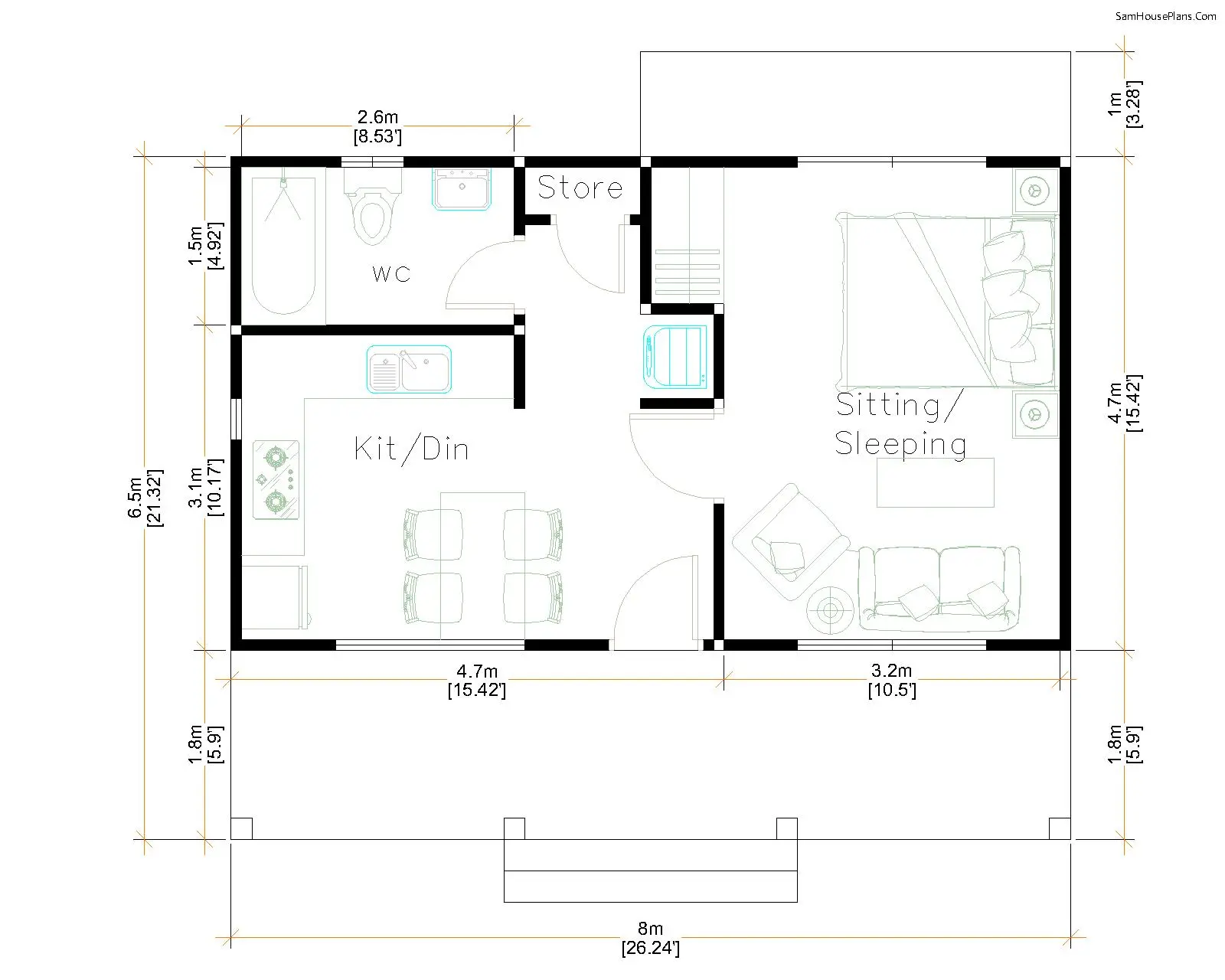 House Plans 8x6 With One Bedrooms Shed Roof