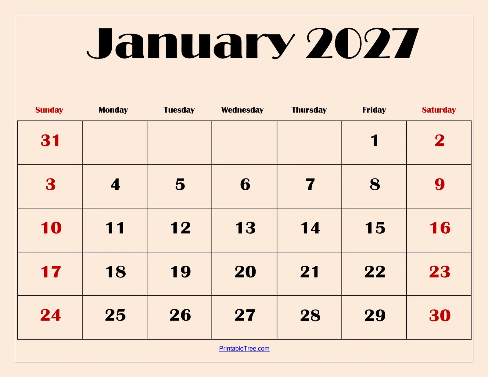January 2027 Calendar Printable