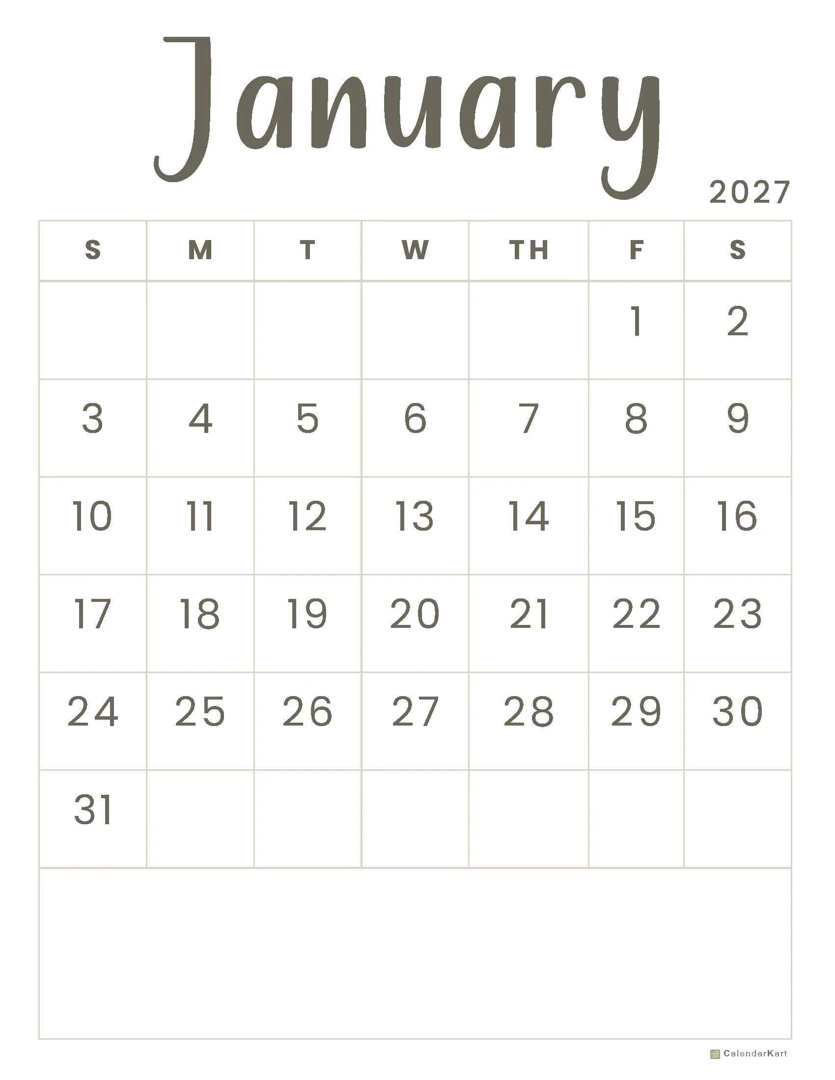 January 2027 Calendars January 2027 Calendars