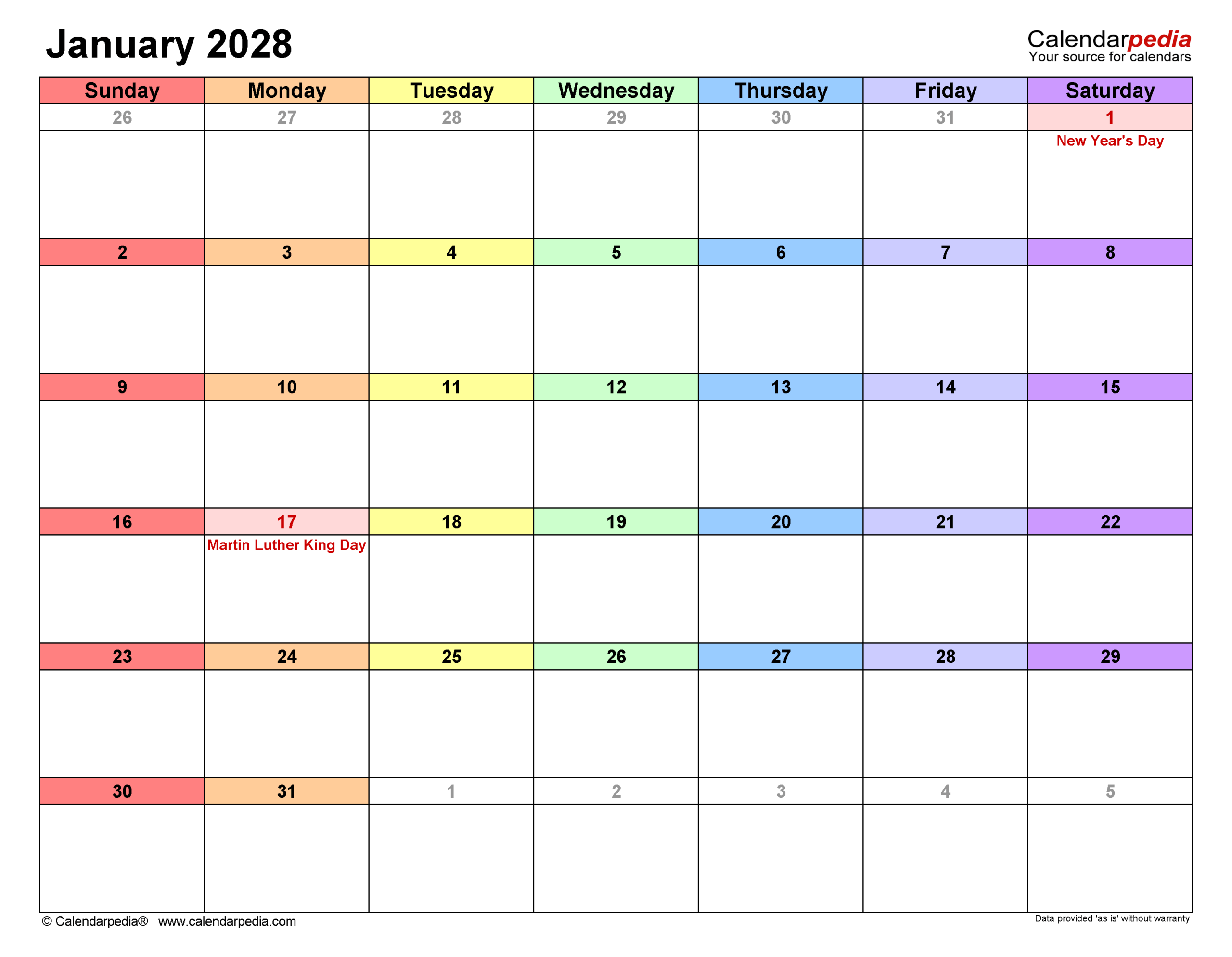 January 2028 Calendar Pdf Templates