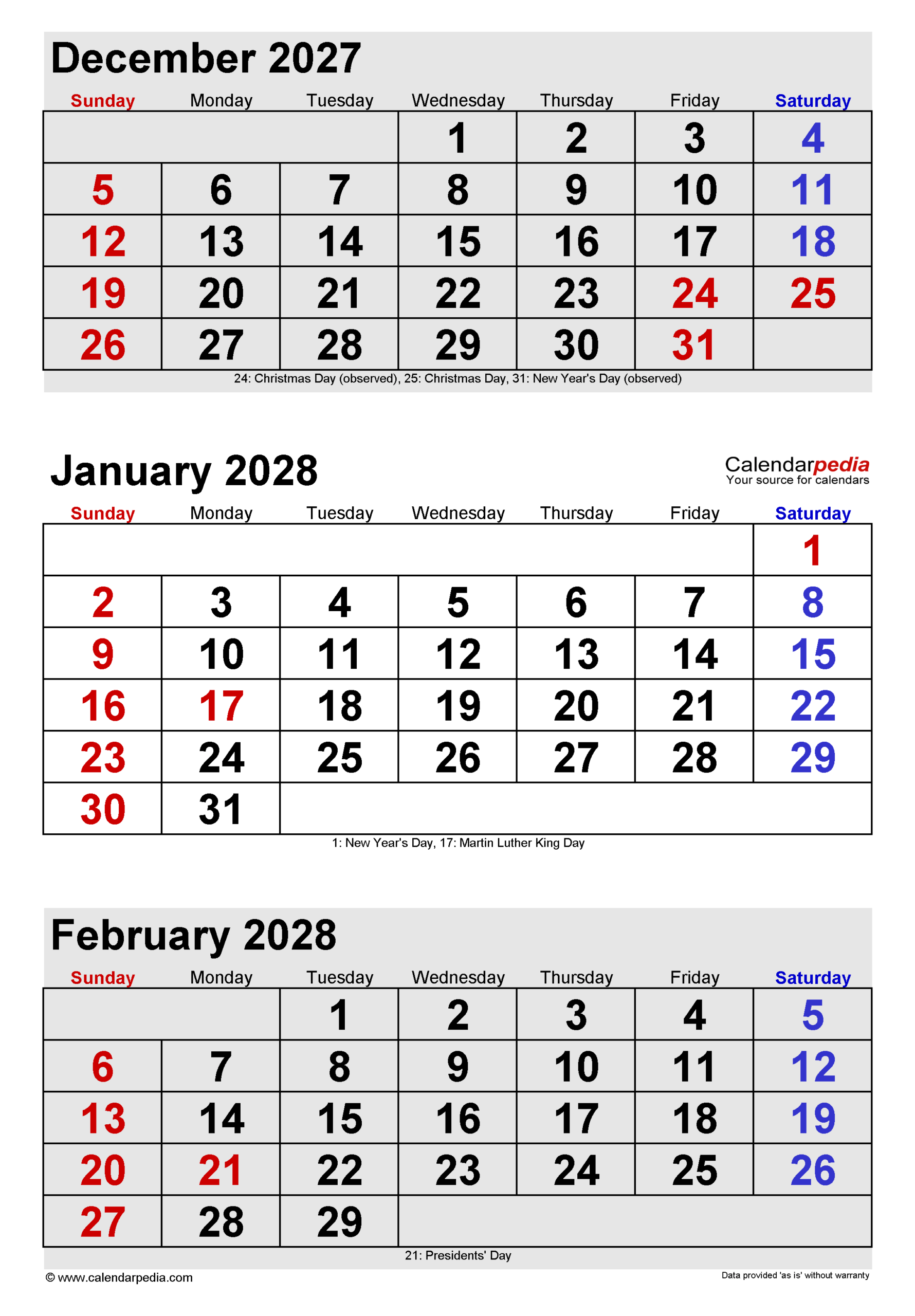 January 2028 Calendar Pdf Templates