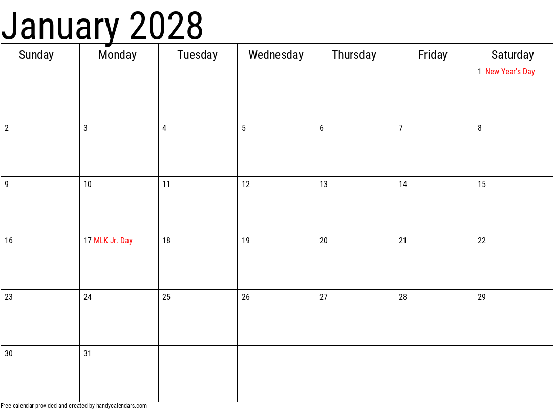 January 2028 Calendars