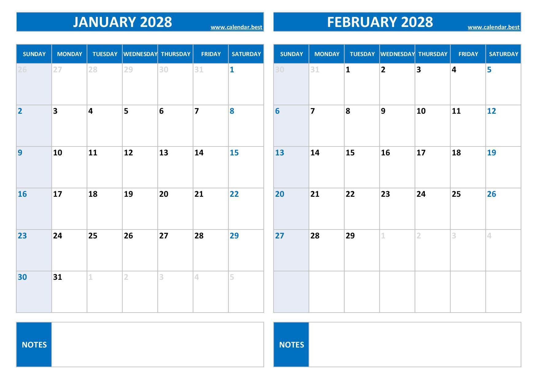 January February 2028 Calendar