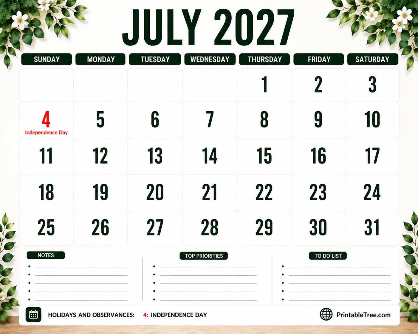 July 2027 Calendar Printable