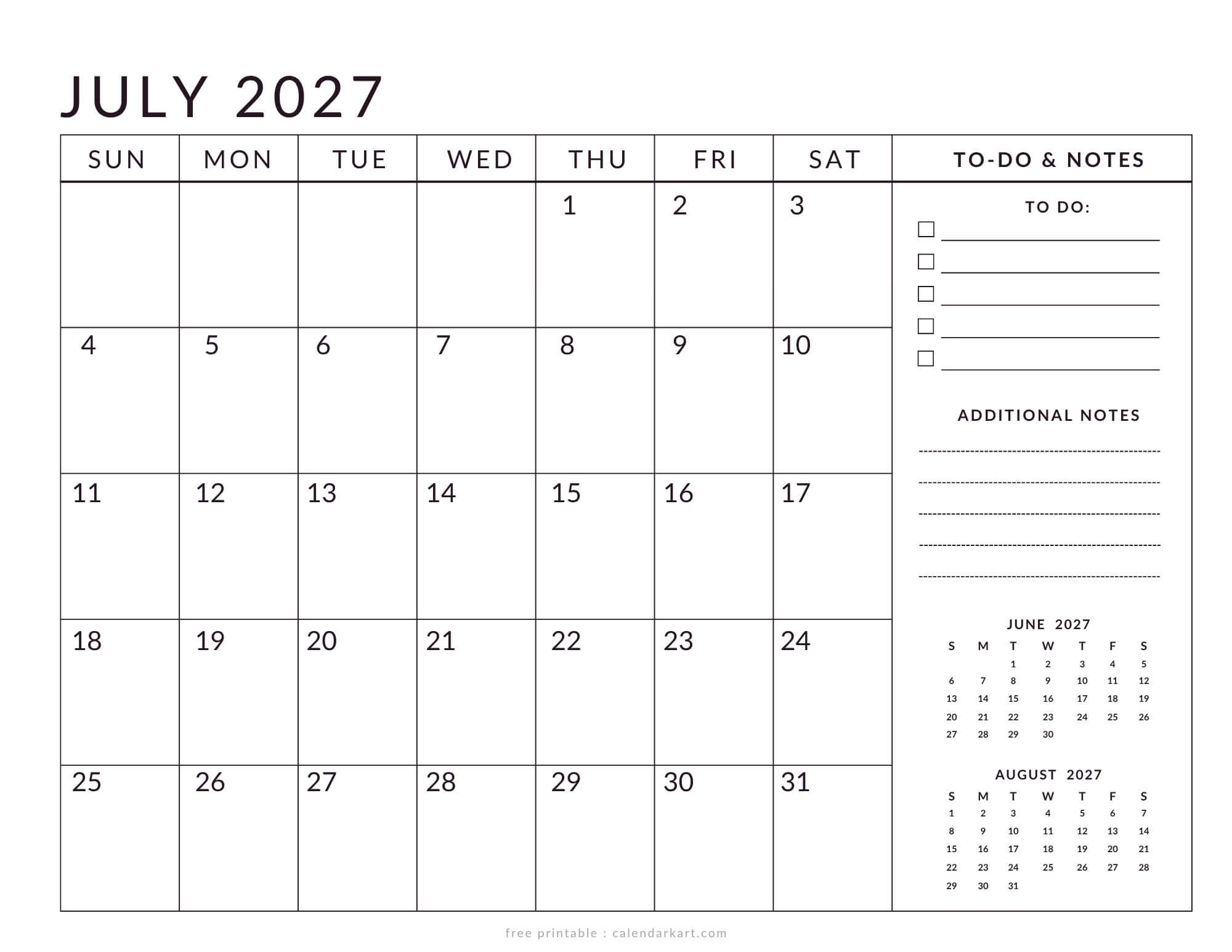 July 2027 Calendar Templates Free Printable Pdfs