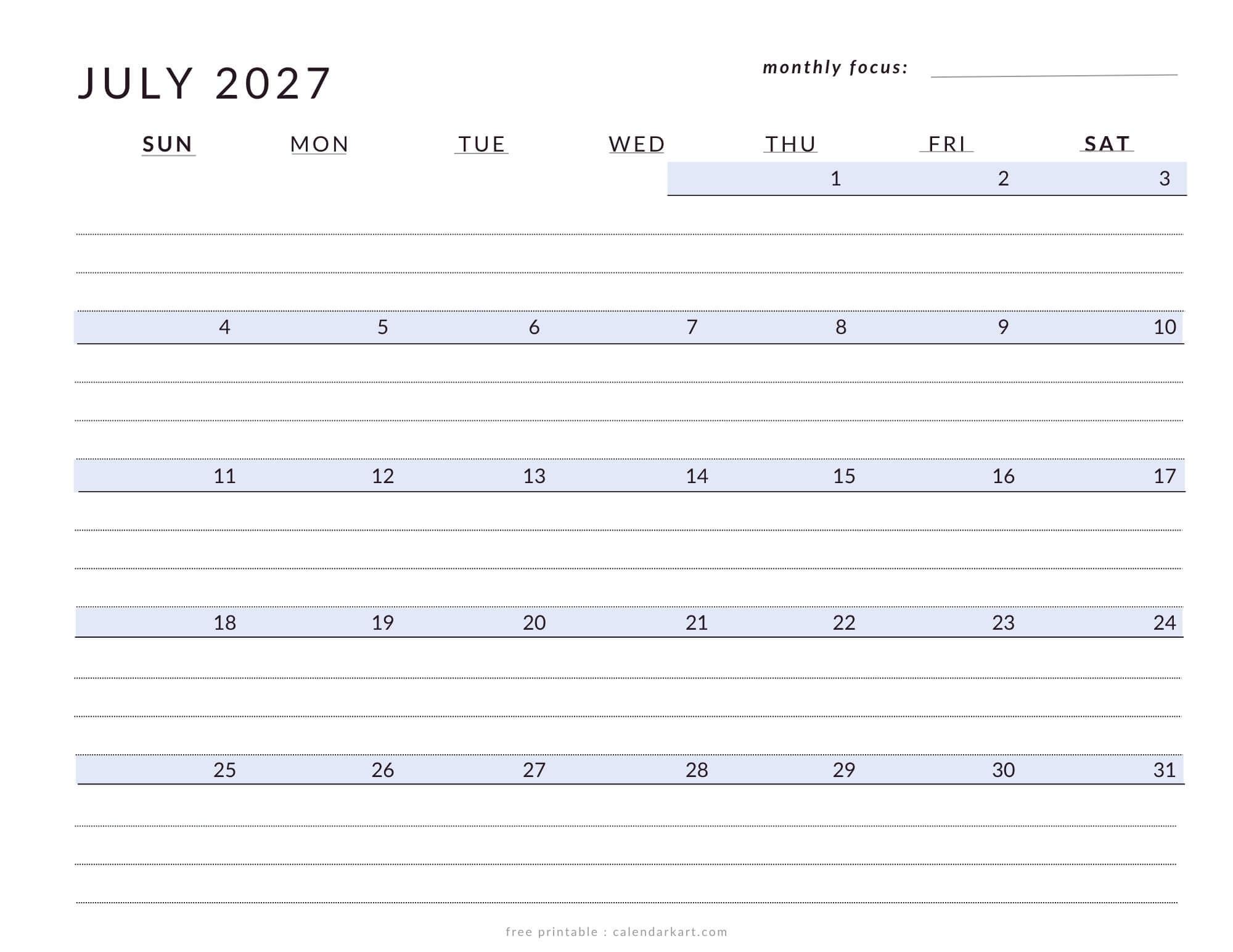 July 2027 Calendar Templates Free Printable Pdfs
