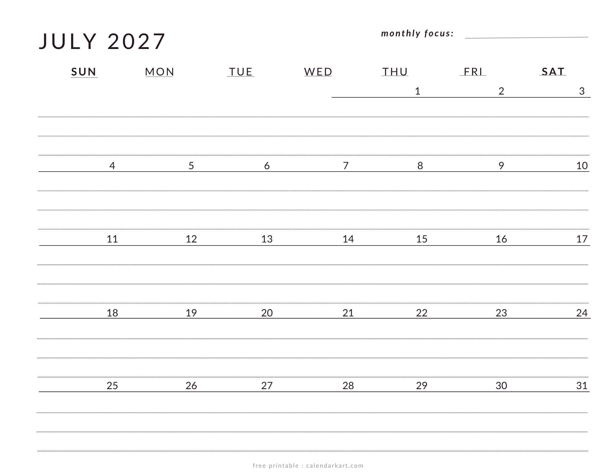 July 2027 Calendar Templates Free Printable Pdfs