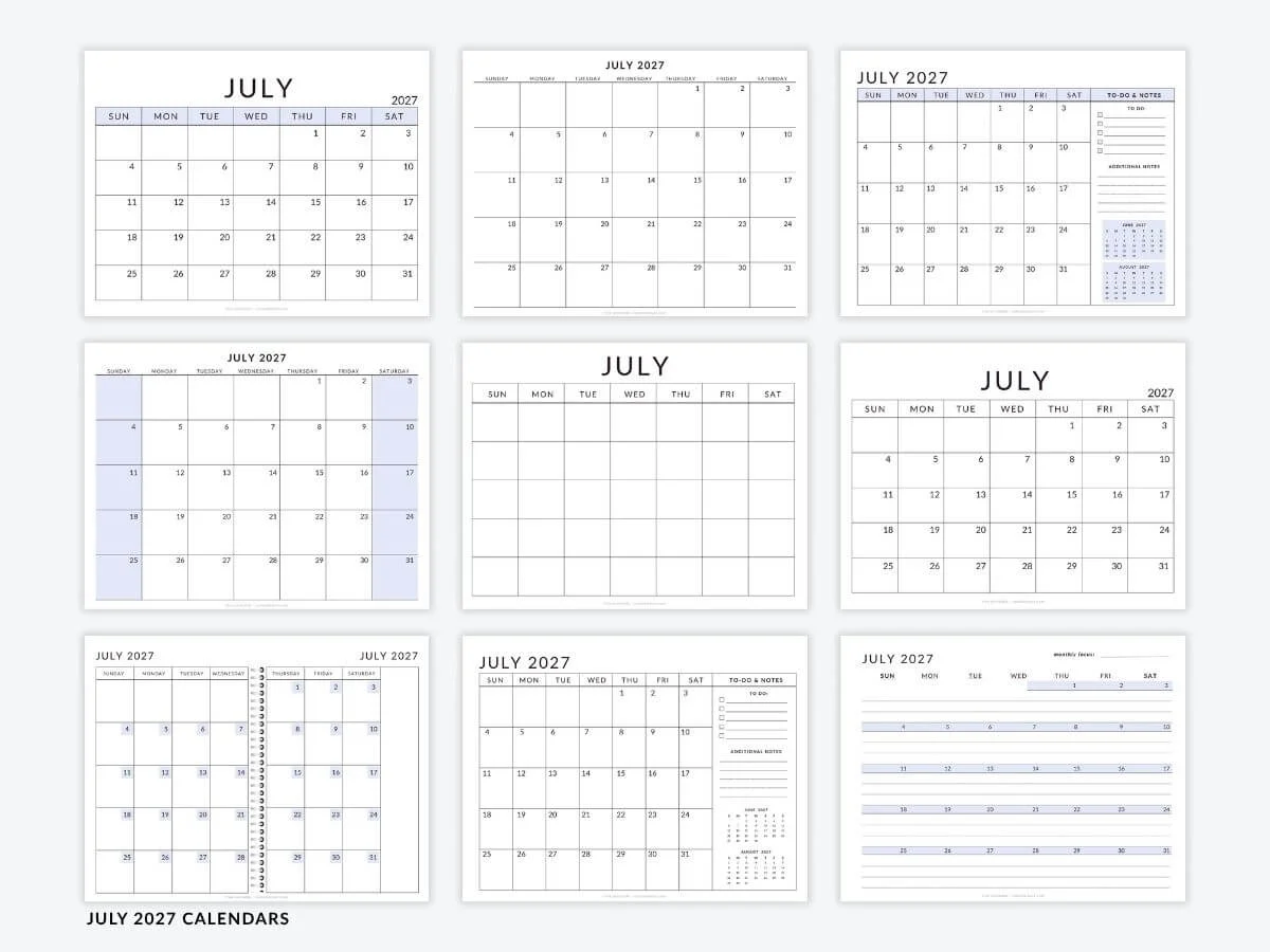 July 2027 Calendar Templates Free Printable Pdfs