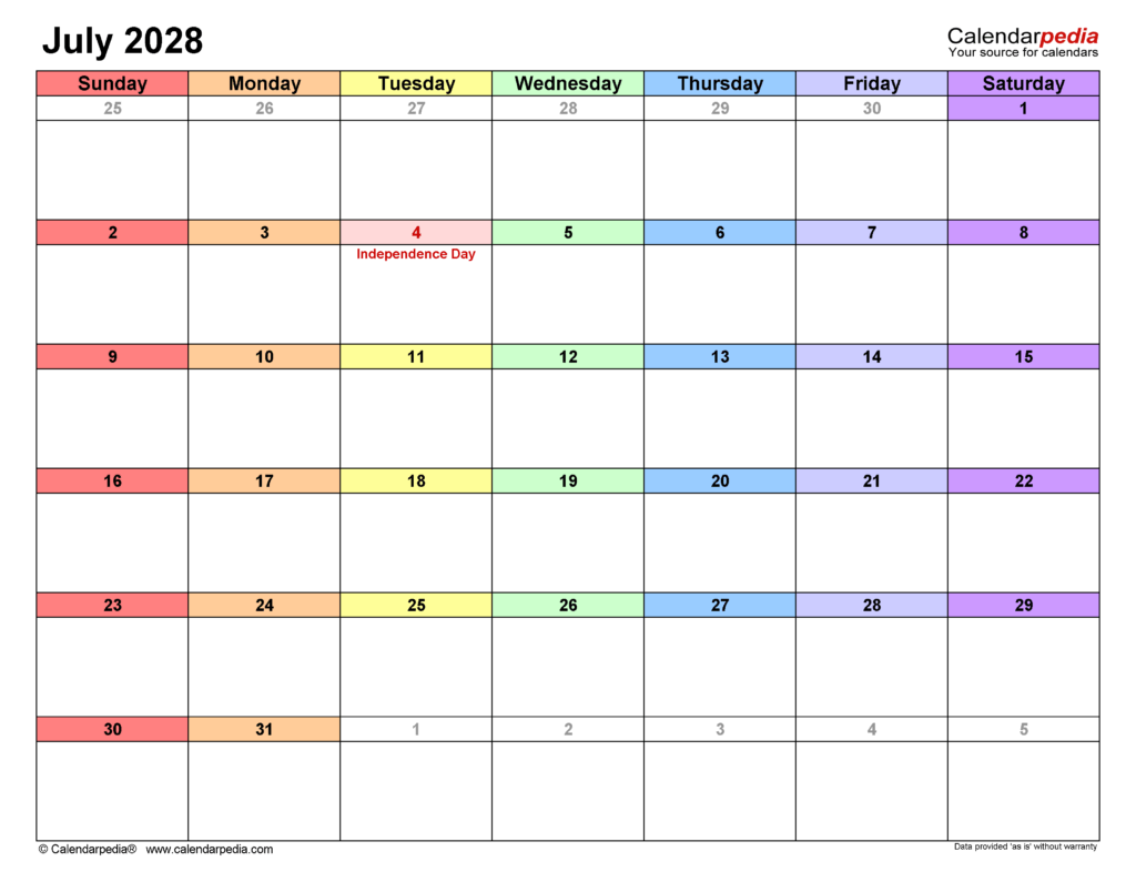 July 2028 Calendar Pdf Templates