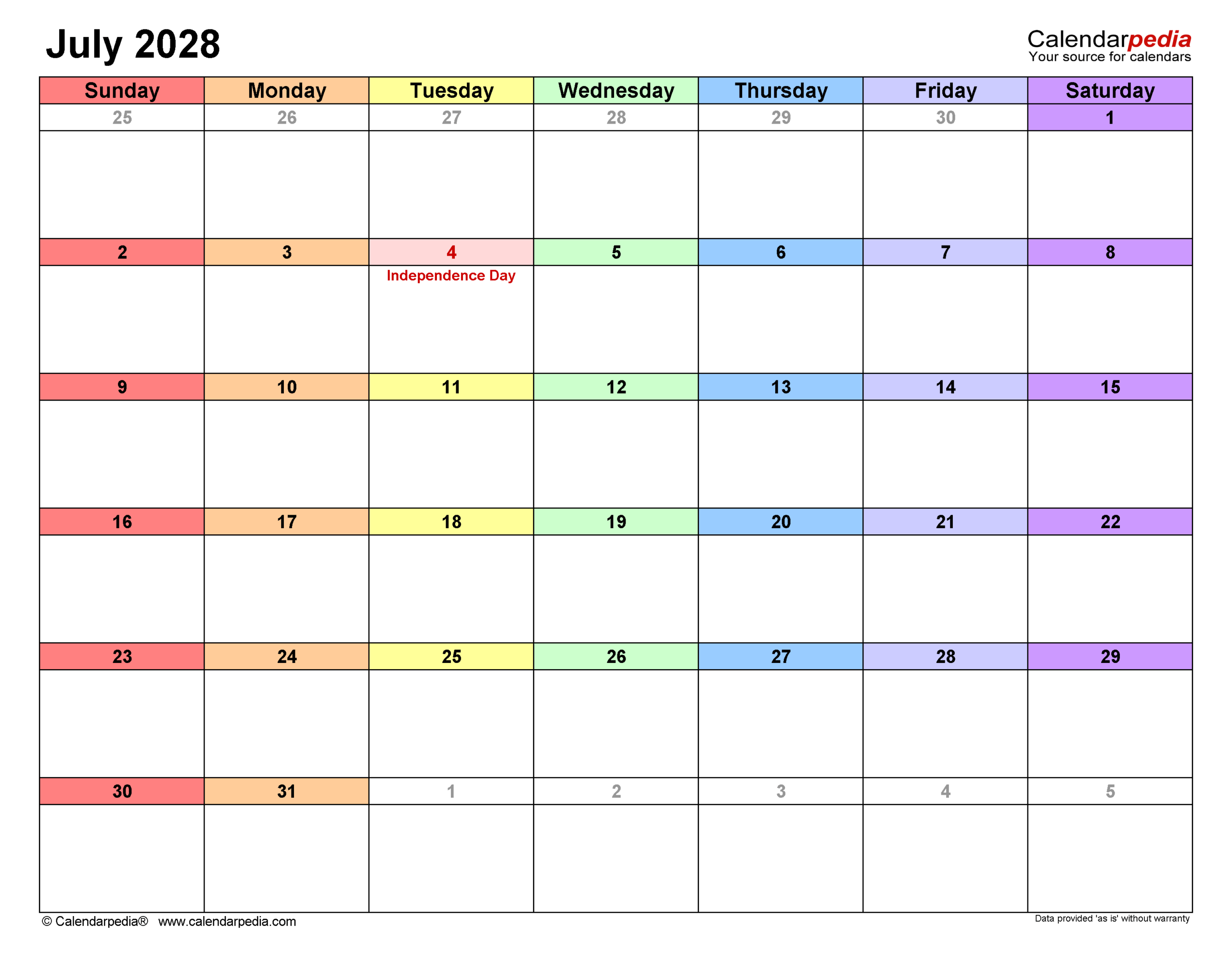 July 2028 Calendar Pdf Templates
