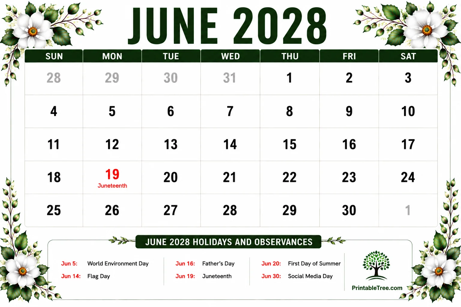 June 2028 Calendar Printable