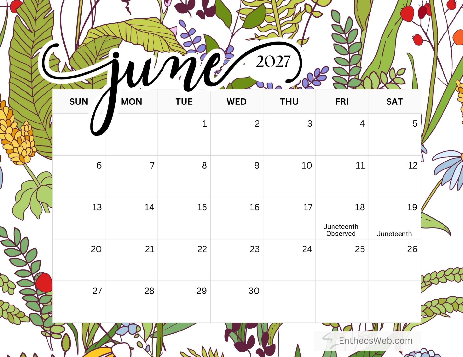 June Calendars With Holidays And Observances Us