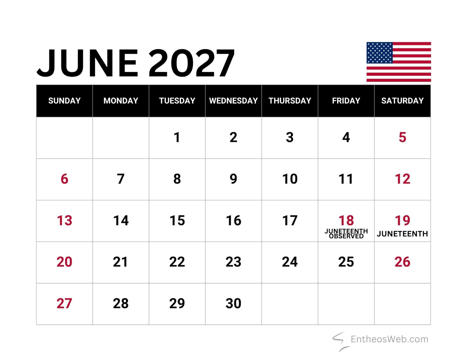 June Calendars With Holidays And Observances Us
