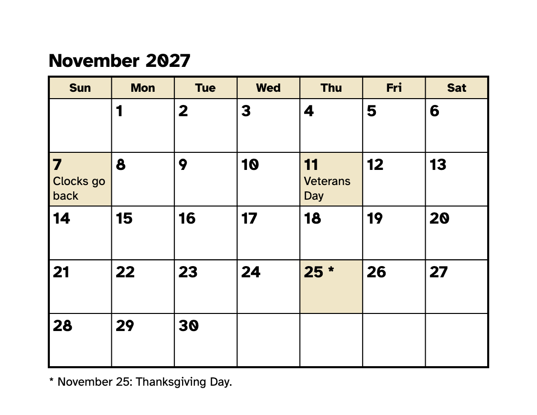 Large Print Calendar November 2027