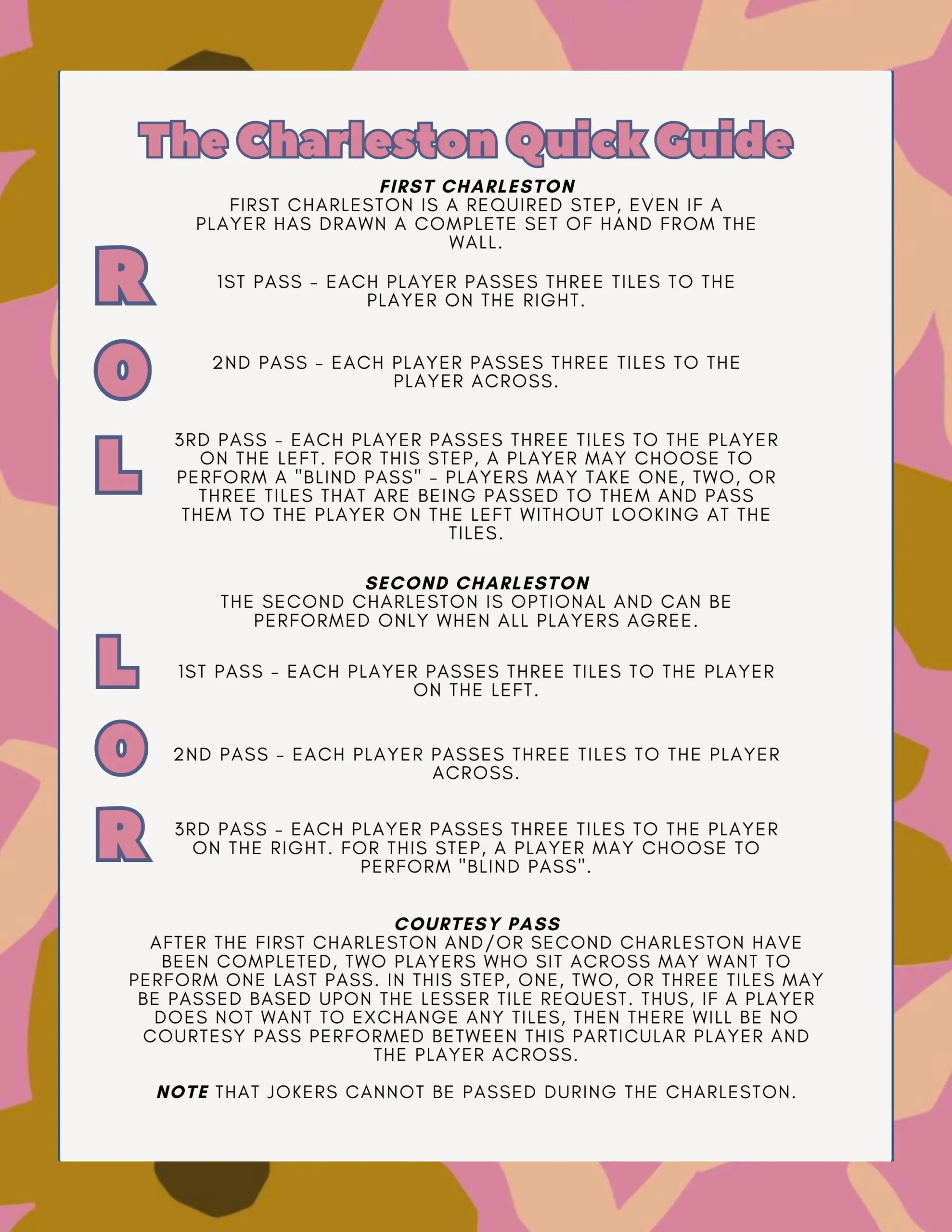 Mahjong Charleston Quick Guide Printable