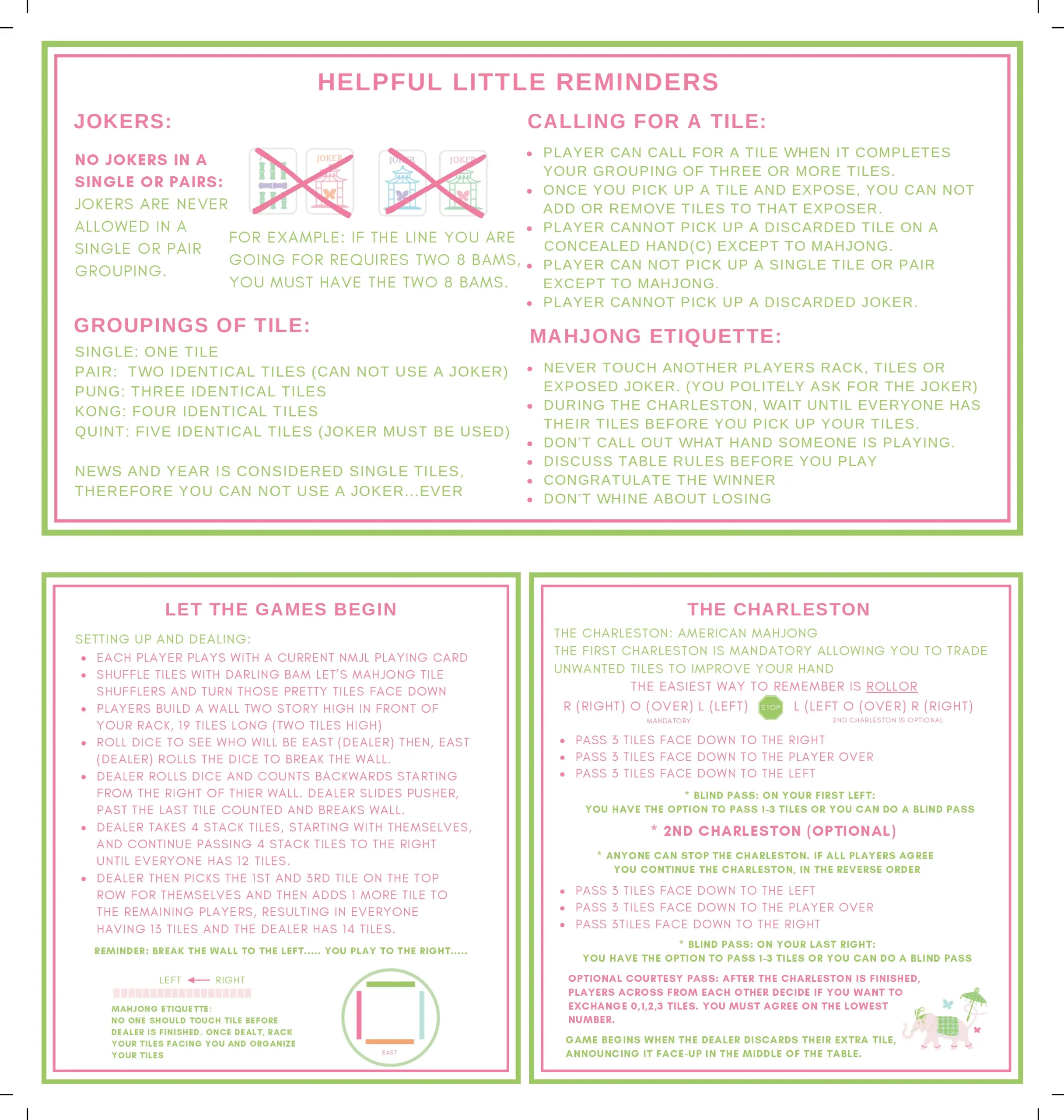 Mahjong Tile Guide Cards