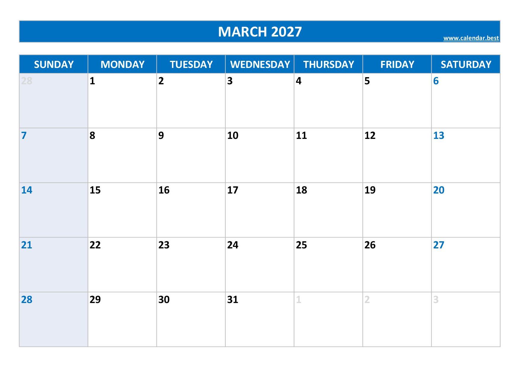 March 2027 Calendar