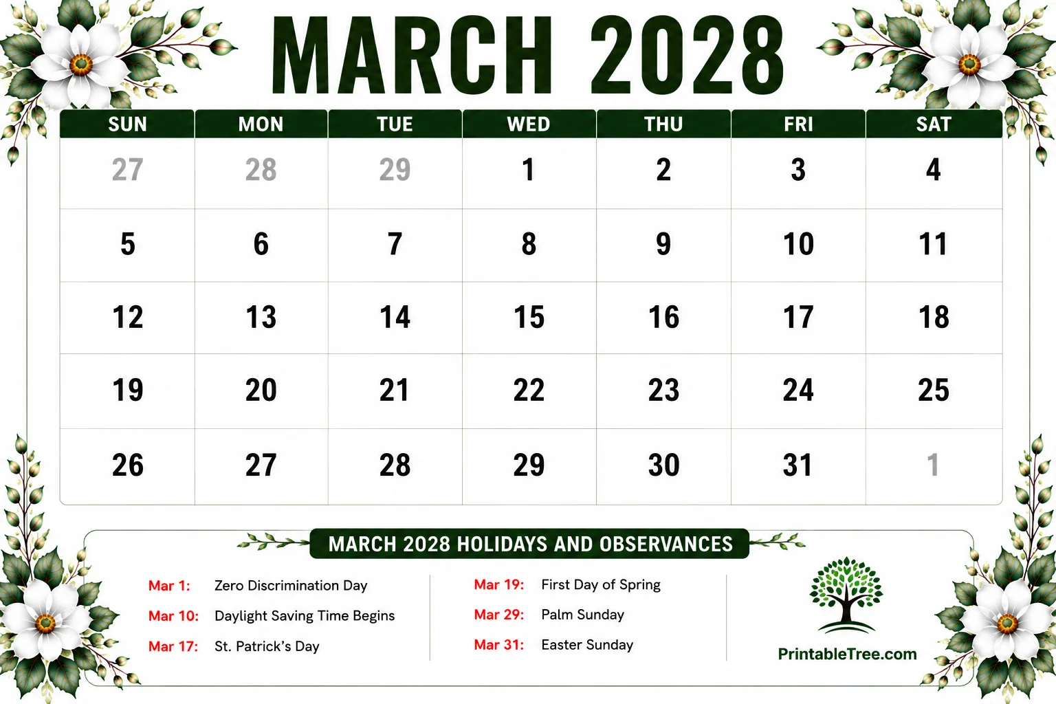 March 2028 Calendar Printable