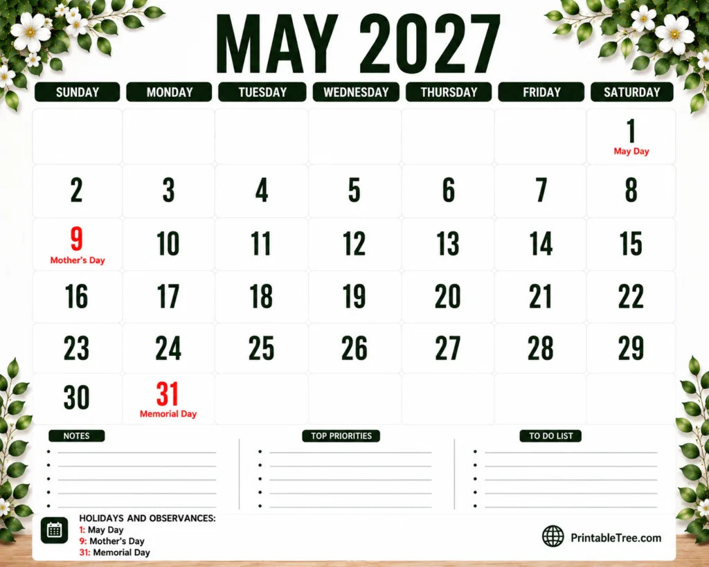 May 2027 Calendar Printable