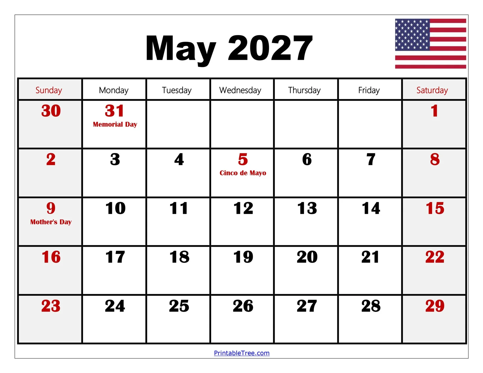 May 2027 Calendar Printable