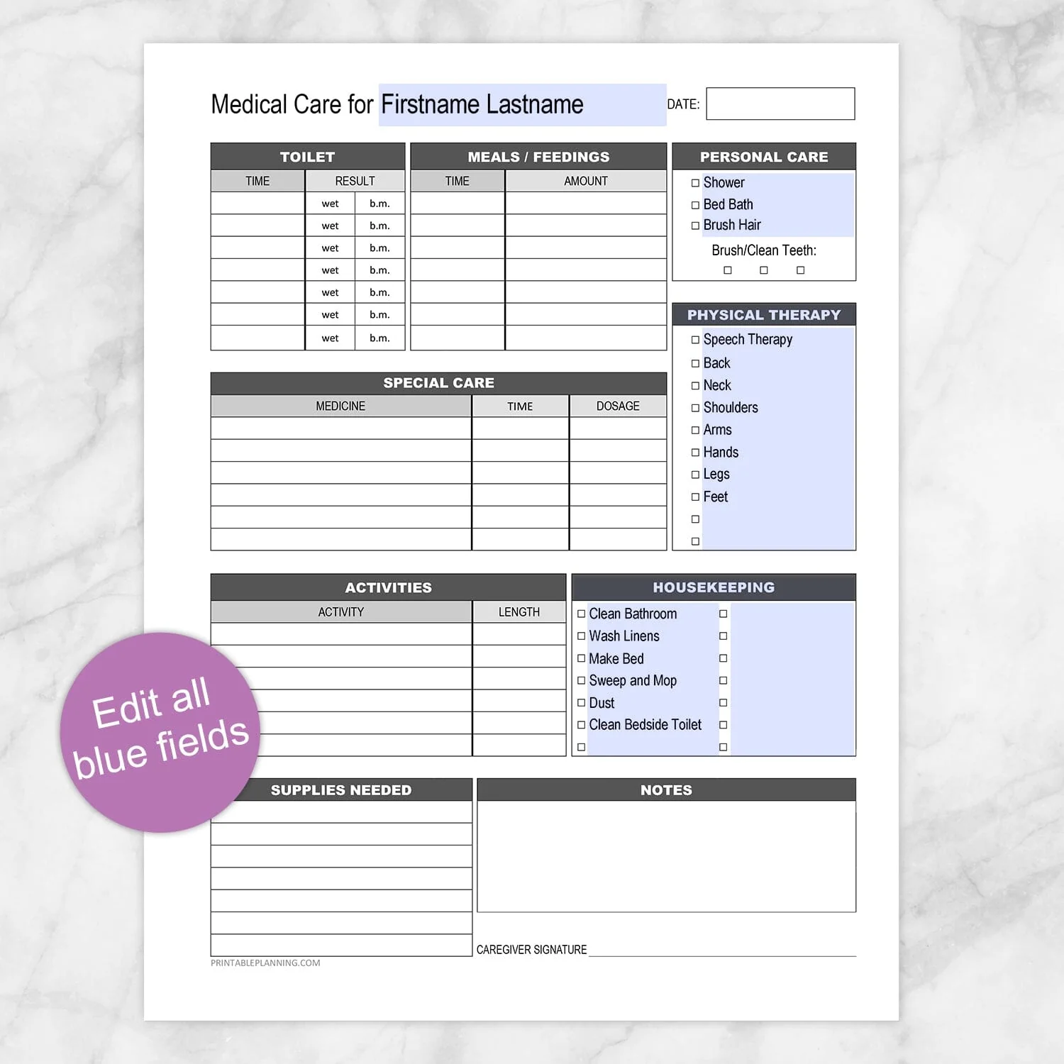 Medical Care Daily Care Sheet With Housekeeping Printable