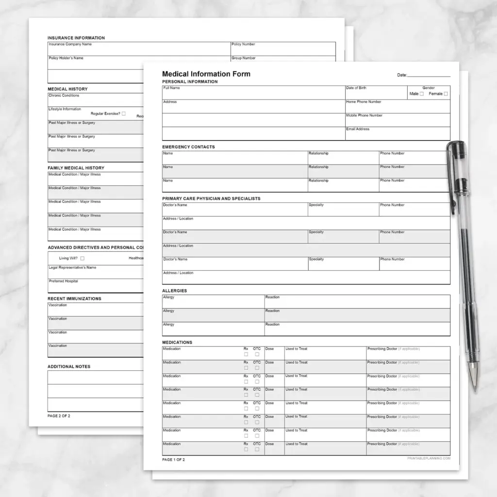 Medical Information Form Printable