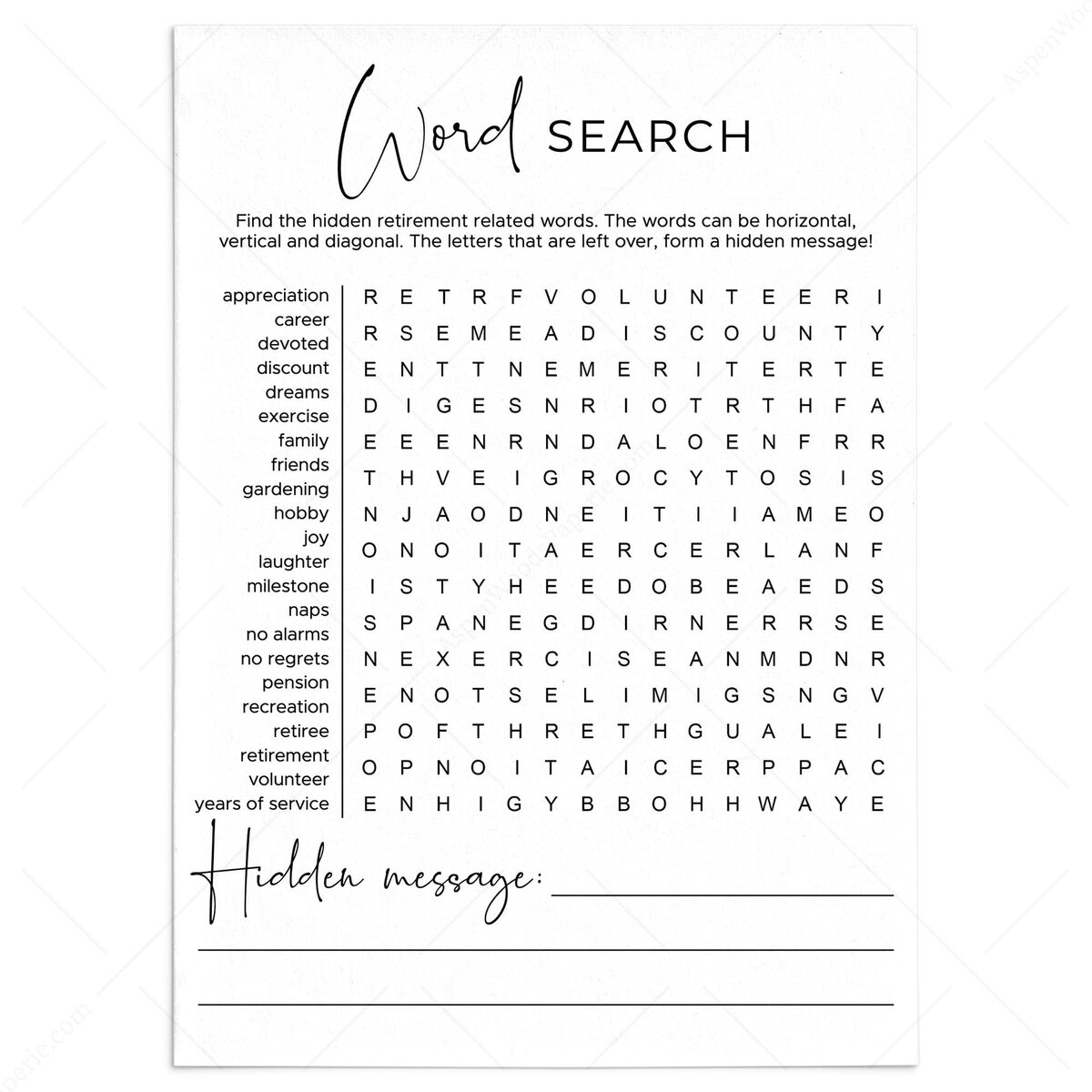 Minimalist Retirement Word Search Puzzle Printable