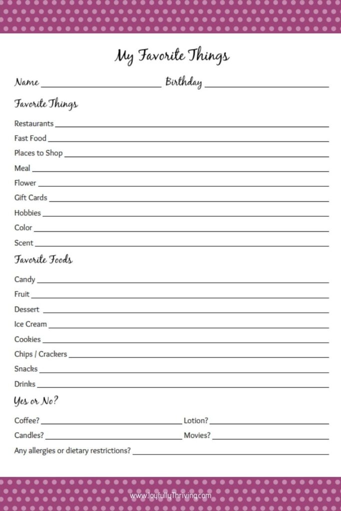 My Favorite Things Printable