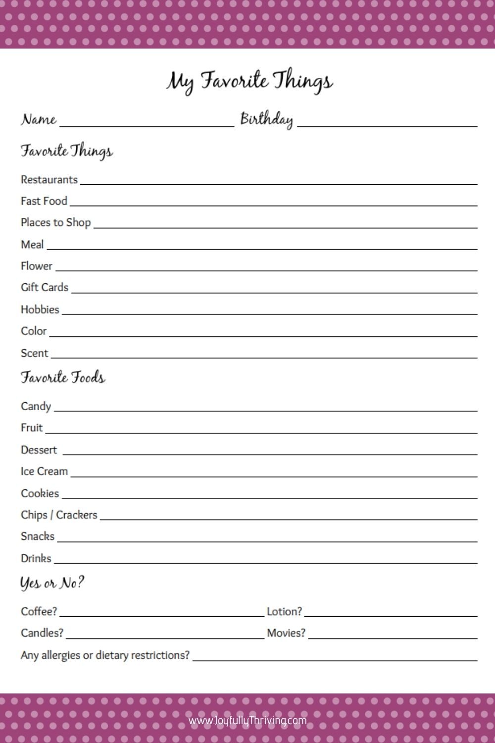 My Favorite Things Printable