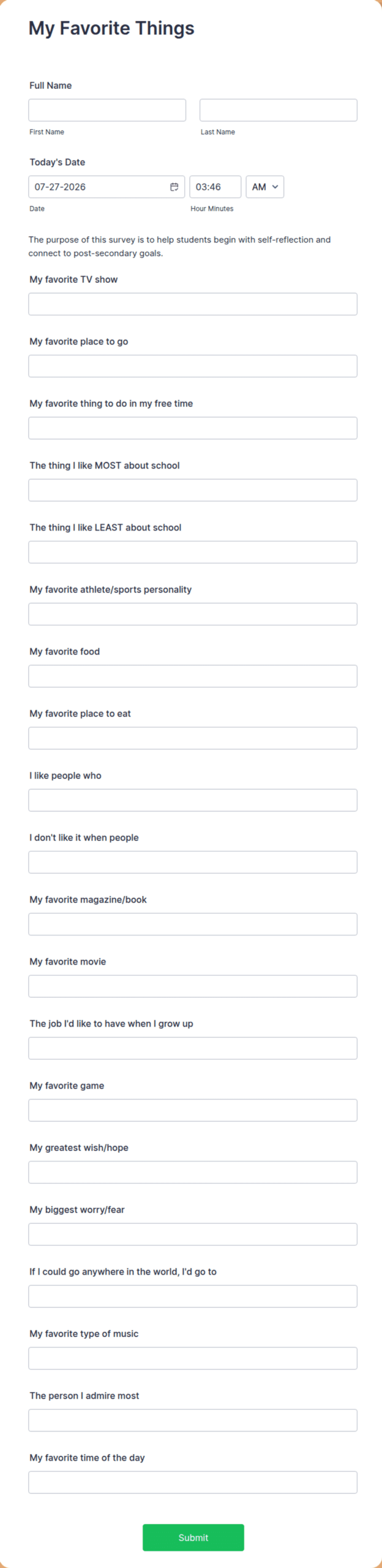 My Favorite Things Questionnaire