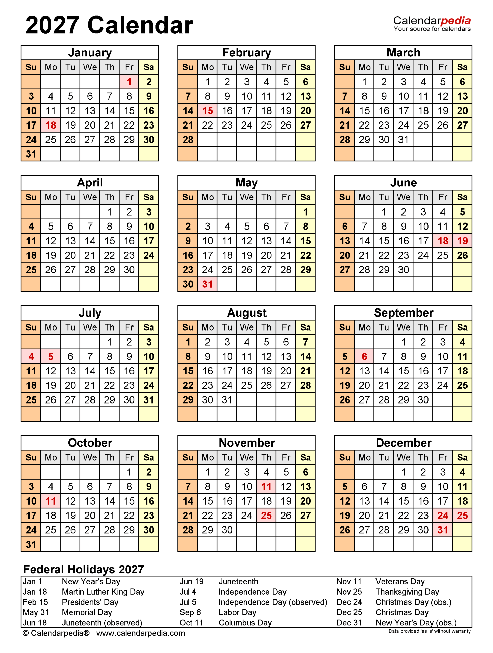National Day Calendar 2027 Printable Free